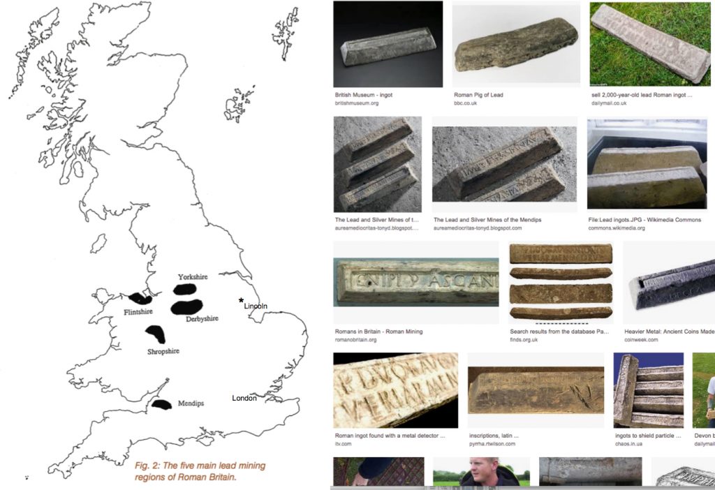 map of lead productioin sites in roman britain with images of lead ingots