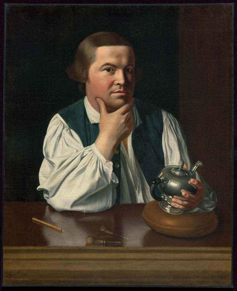 portrait of paul revere holding a silver teapot he has made